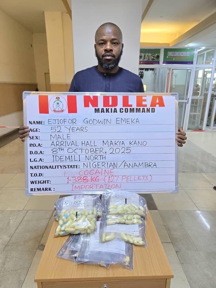 NDLEA arrests businessman who excretes 127 cocaine wraps at Kano airport